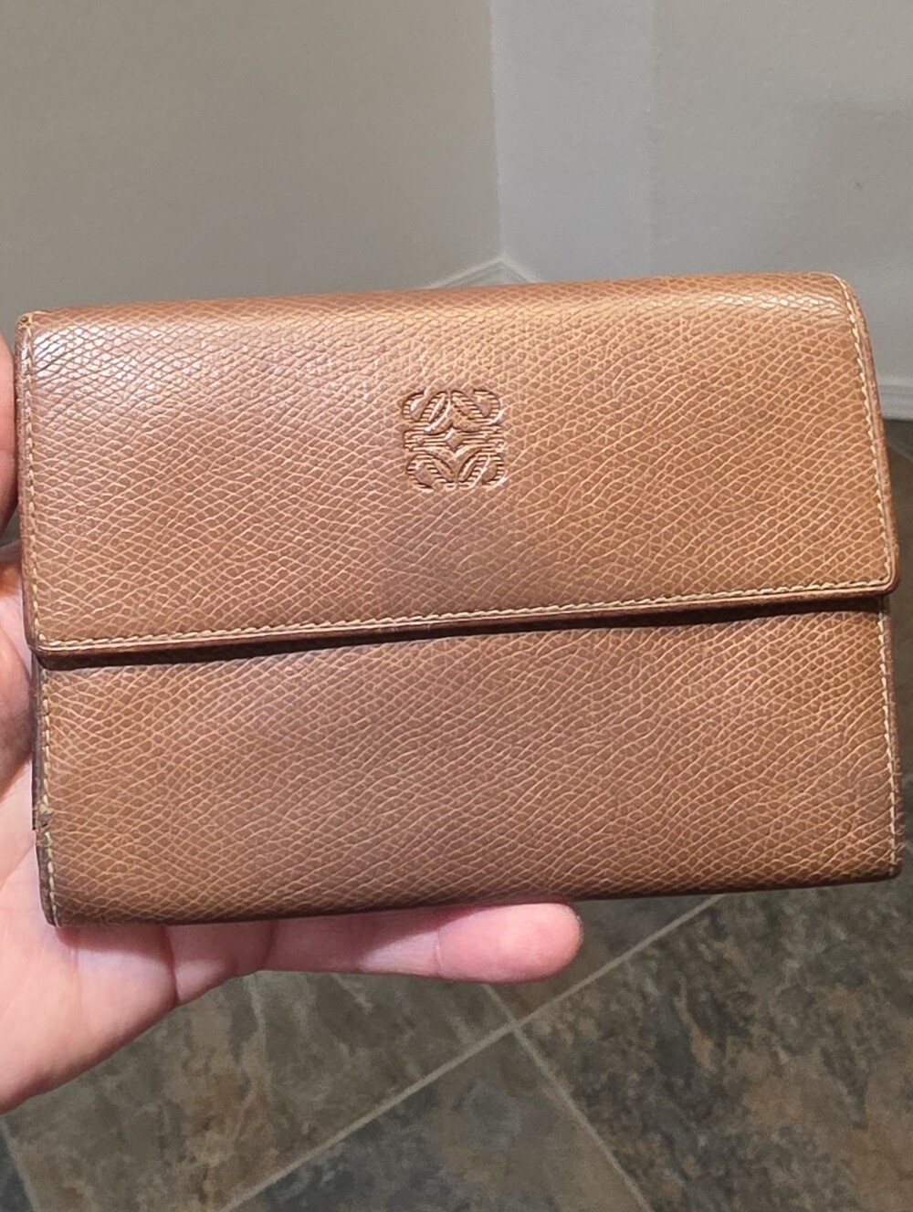 Vintage Loewe Anagram Embossed Leather Compact Trifold Wallet - MSRP $500